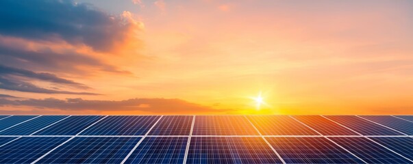 A photostock image of a solar farm with panels reflecting the sun, producing clean, renewable energy