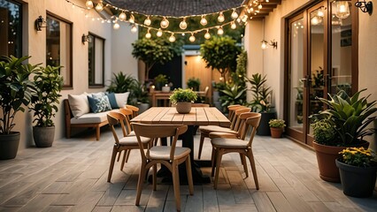 A small patio with wooden furniture, potted plants, and a hanging string of lights