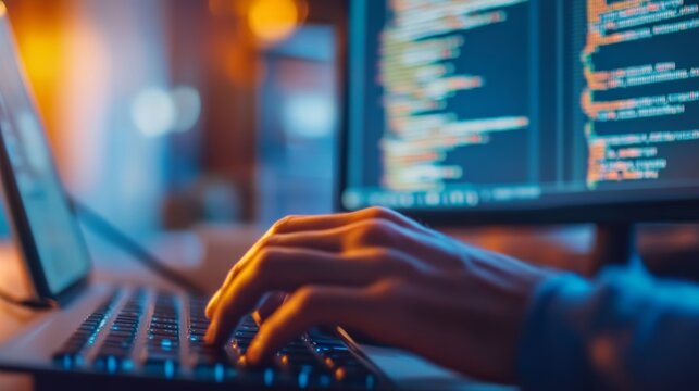 Hands typing on a keyboard with code displayed on a desktop monitor in a tech-driven workspace. Software engineering and IT work