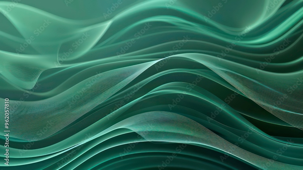 Poster abstract green waves with a mesh pattern, dark background.