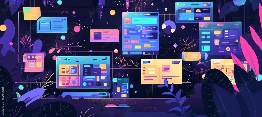 Poster online learning platform interface with vibrant courses and interactive tools for elearning