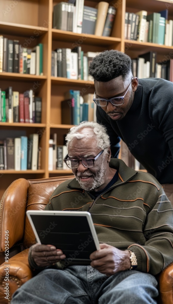 Poster senior man learning tablet setup from tech instructor in bright community room for messaging and vid