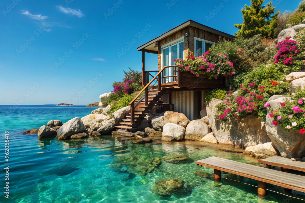 Wall mural Dreamy Summer House Amidst Clear Blue Waters for Tropical Getaways