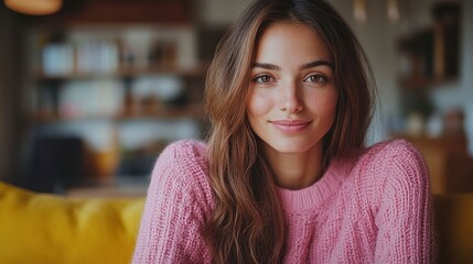 Portrait of a Smiling Young Woman in a Pink Sweater