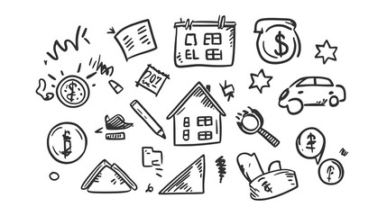 Loan interest rate doodle icon set. Hand drawn sketch doodle line style bank money loan interest rate icon for house, car discount percentage concept. Trendy cute element. Vector illustration