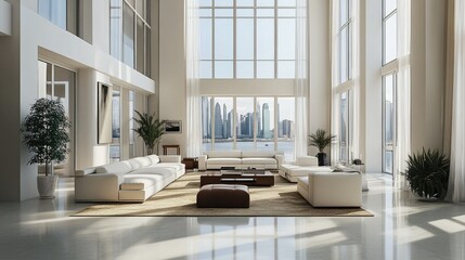 Fototapeta premium 3D illustration of a luxury modern living room with bright, spacious interiors, sleek decor, and large floor-to-ceiling windows, creating an airy and elegant ambiance