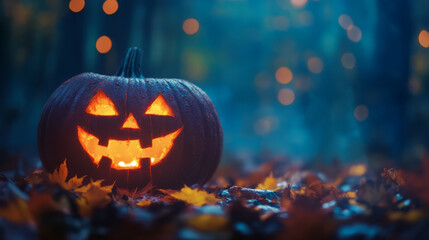 Fototapeta premium Halloween pumpkins decorations and party supplies with lanterns, candles for a memorable celebration.Halloween is celebrated on October 31st with costumes, trick-or-treating, and spooky decorations