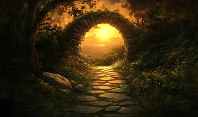 Obraz premium Stone Archway Leading to a Sunset View in a Lush Forest
