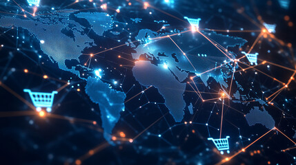 Glowing global map with digital shopping carts, online retail network, futuristic e-commerce connections