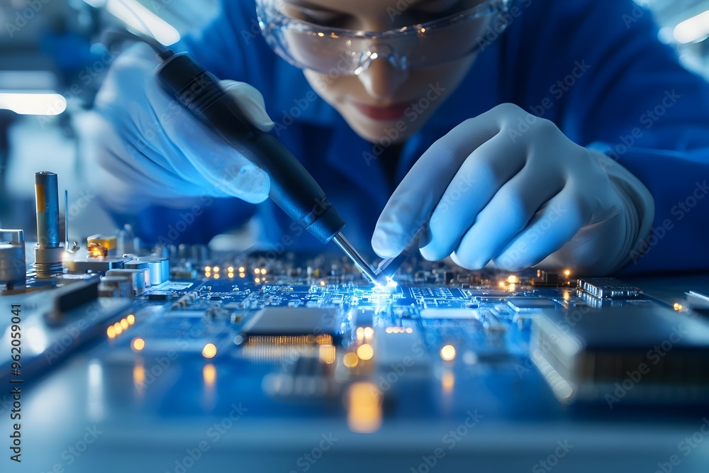 Poster close up of a focused computer hardware engineer in a high tech electronics lab carefully soldering 