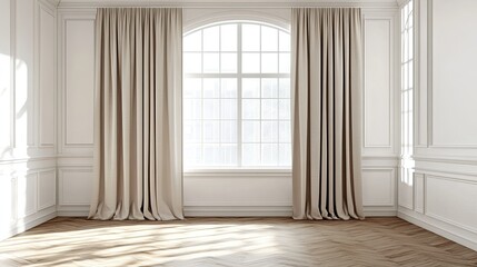 3D rendering of a cozy, empty room with a white wall, parquet floor, a wide window dressed in classic white vitrage, and three beige curtains elegantly arranged on the sides