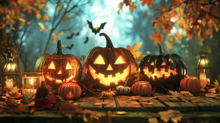 Fototapeta premium Halloween pumpkins decorations and party supplies with lanterns, candles for a memorable celebration.Halloween is celebrated on October 31st with costumes, trick-or-treating, and spooky decorations