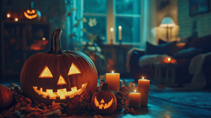 Fototapeta premium Halloween pumpkins decorations and party supplies with lanterns, candles for a memorable celebration.Halloween is celebrated on October 31st with costumes, trick-or-treating, and spooky decorations