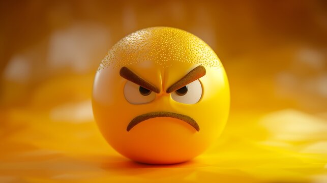 3D yellow emoji with angry scowl, furrowed brows, yellow gradient background