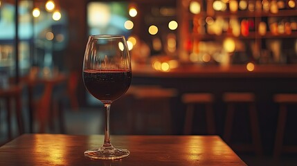 A beautifully designed wine glass filled with aged wine, set against a soft-focus background of a stylish wine bar, warm lighting