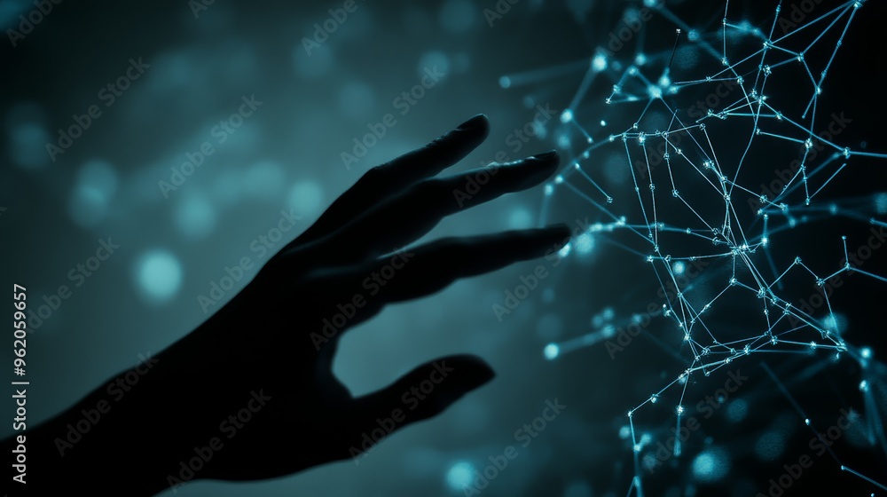 Poster silhouette of a hand reaching towards a digital network of glowing nodes. represents ai, connectivit