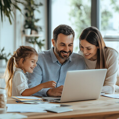a family in the office: a father working on a laptop, with his wife and daughter watching him from behind, smiling happily at each other