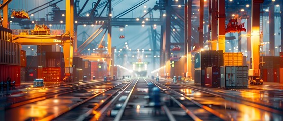 Fototapeta premium A busy container terminal at night, featuring shipping containers, large cranes, and rail tracks illuminated by port lights.