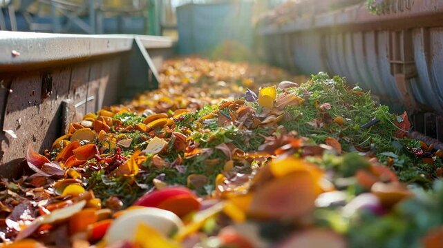 Freshly shredded organic waste moves on a conveyor belt at a composting plant, showcasing recycling and eco friendly solutions for agriculture and the environment