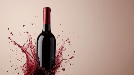 A bottle of red wine with a splash effect against a neutral background, with plenty of room for copy or promotional content