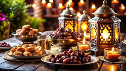 Naklejka premium Festive table setting with lanterns, dates, sweets, and candles in a warm atmosphere