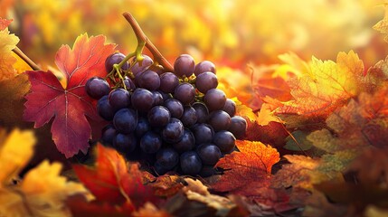 A bunch of ripe grapes ready for picking, surrounded by autumn leaves in vibrant hues, warm, soft lighting enhancing the scene