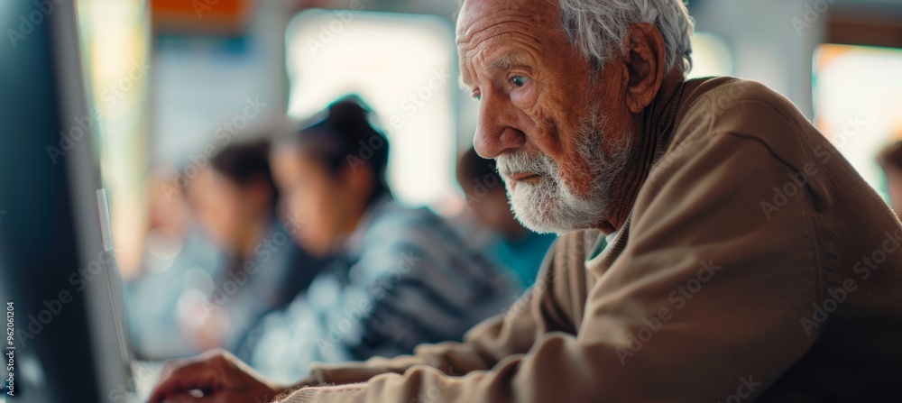 Poster digital literacy lesson for seniors: elderly man learning computer skills in classroom setting