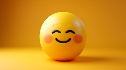 3D yellow emoji with embarrassed blush, closed eyes, shy smile, yellow gradient