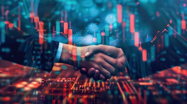 Business partners shaking hands with a stock market chart overlay, symbolizing collaboration and success.