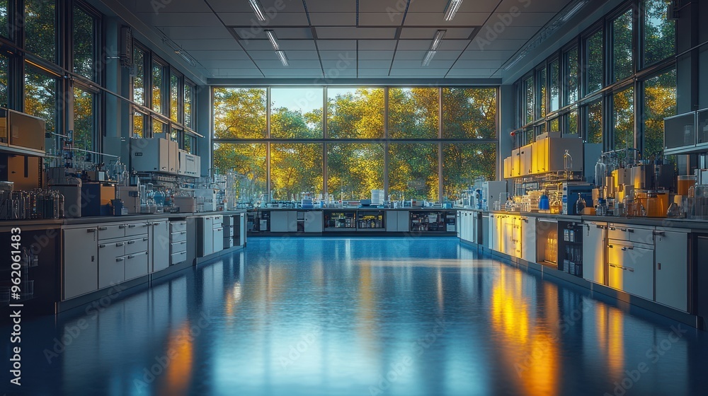 Poster empty modern laboratory with large windows