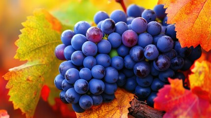 A close-up of a cluster of red wine grapes on the vine, with vivid autumn leaves surrounding, ready for the fall harvest