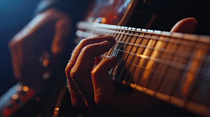 Fototapeta premium A close-up of a guitaristaes fingers moving across the strings, capturing the skill and emotion involved in playing music