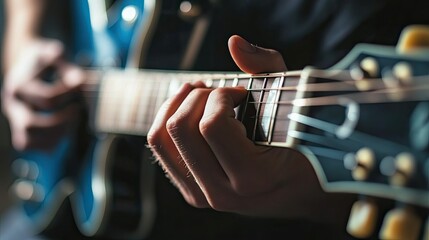 Fototapeta premium A close-up of a guitaristaes hands pressing chords, capturing the passion and talent involved in playing music