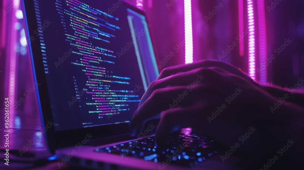 Poster Person coding on a laptop with neon pink and purple lights reflecting on the screen, focused on programming tasks. Perfect for tech-related content