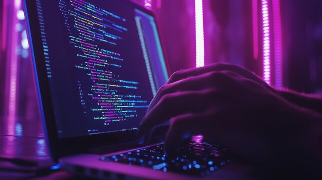 Person coding on a laptop with neon pink and purple lights reflecting on the screen, focused on programming tasks. Perfect for tech-related content