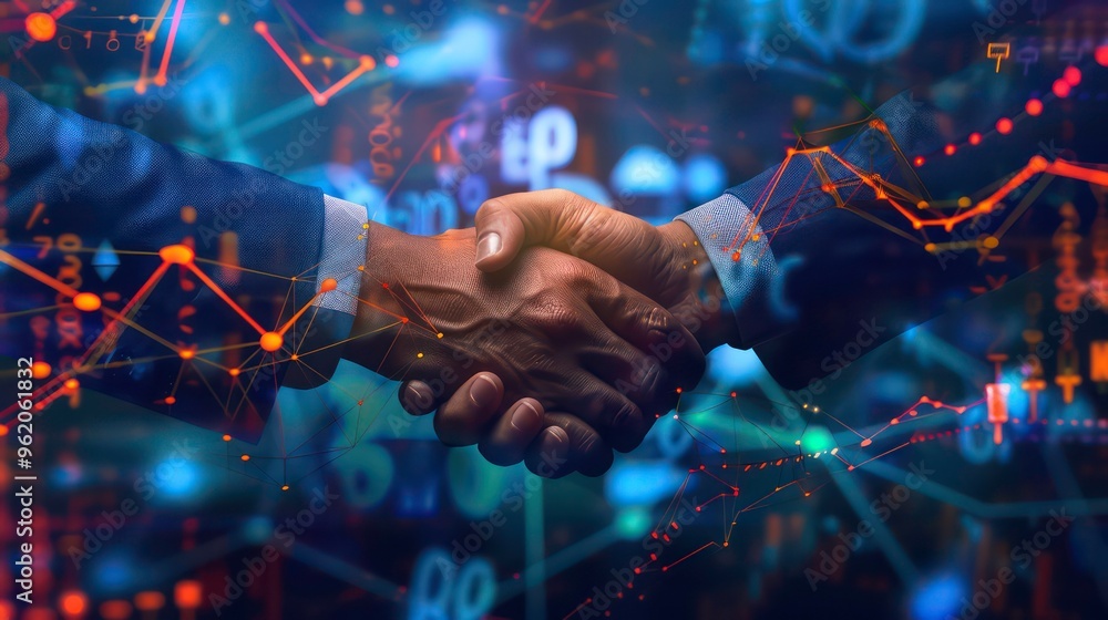 Poster two businessmen shaking hands in front of a background of financial data and charts.