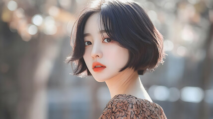 A 20s Korean woman in a modern dress, posing for a profile picture in Instagram style, looking directly at the camera