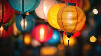 Obraz premium A close-up of colorful lanterns hanging in a row, casting a warm glow and creating a joyful and festive ambiance