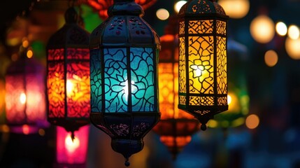 A close-up of colorful lanterns hanging in a row, casting a warm glow and creating a joyful and festive ambiance