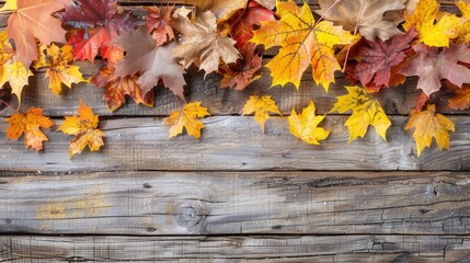 Obraz premium Autumn leaves in various hues of orange, yellow, and brown placed on a rustic wooden surface. The texture of the wood contrasts beautifully with the colorful fall leaves, evoking the peacefulness