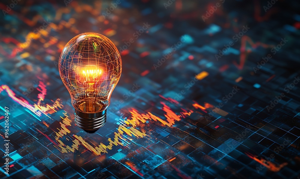 Poster glowing lightbulb over digital data and graphs