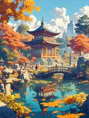 Obraz premium Traditional Asian buildings by the lake