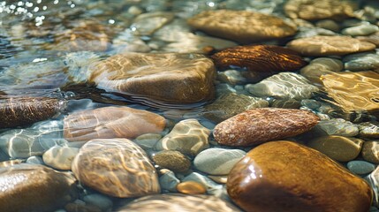 A close-up of stones in a clear river, with water gently rippling over them, creating a peaceful and natural scene perfect for outdoor photography