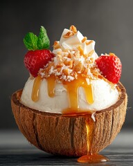 Delicious coconut ice cream topped with whipped cream, strawberries, and caramel, served in a rustic coconut shell.
