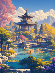 Obraz premium Traditional Asian buildings by the lake
