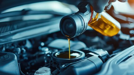 Pouring motor oil into a car engine, mechanic at work, automotive maintenance