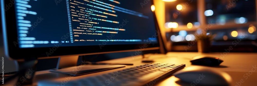 Aufkleber Computer screen with lines of code and developer tools, blurred office setting. Captures modern workspace environment for software developers.