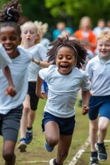 Joyful Kids Competing in a Relay Race at School Sports Day - Perfect for Print or Poster