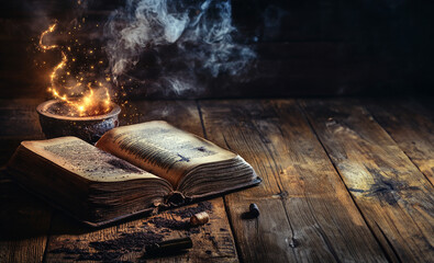 Open old book with bowl for magic spell on old wooden rustic table and room for text 