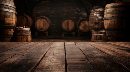 Wooden desk and old barrels with a blurred backdrop